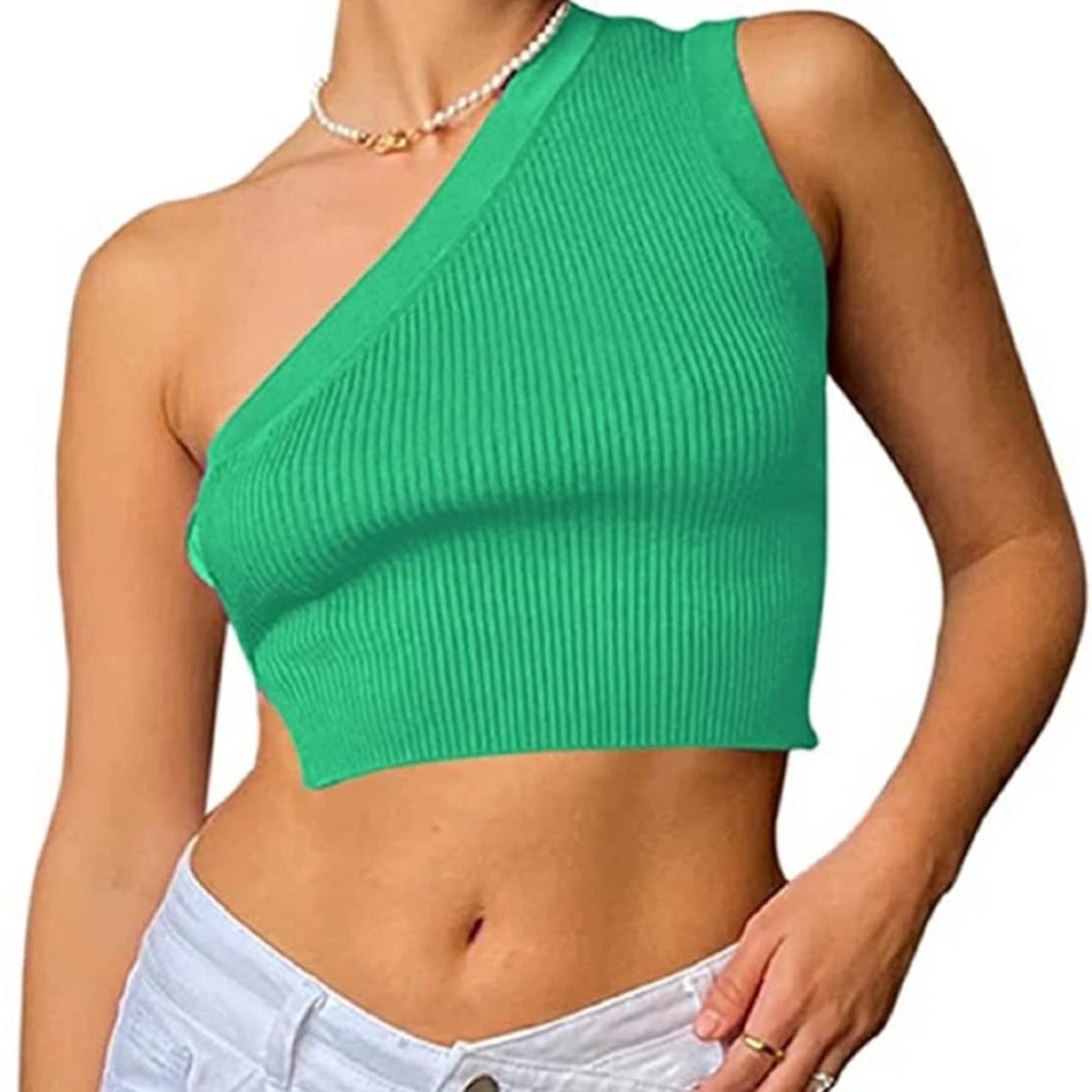 Green One-Shoulder Ribbed Crop Top - Women